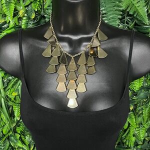 Bib Statement Necklace Gold Tone Tiered Fan Geometric Cascading Scale 3753